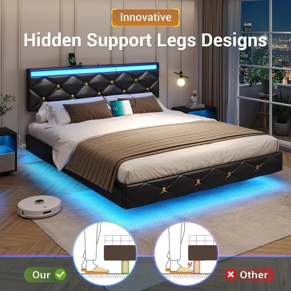 Floating Bed Frame King Size with LED Lights and Charging Station, Modern King Platform Bed with Vegan Leather Upholstered