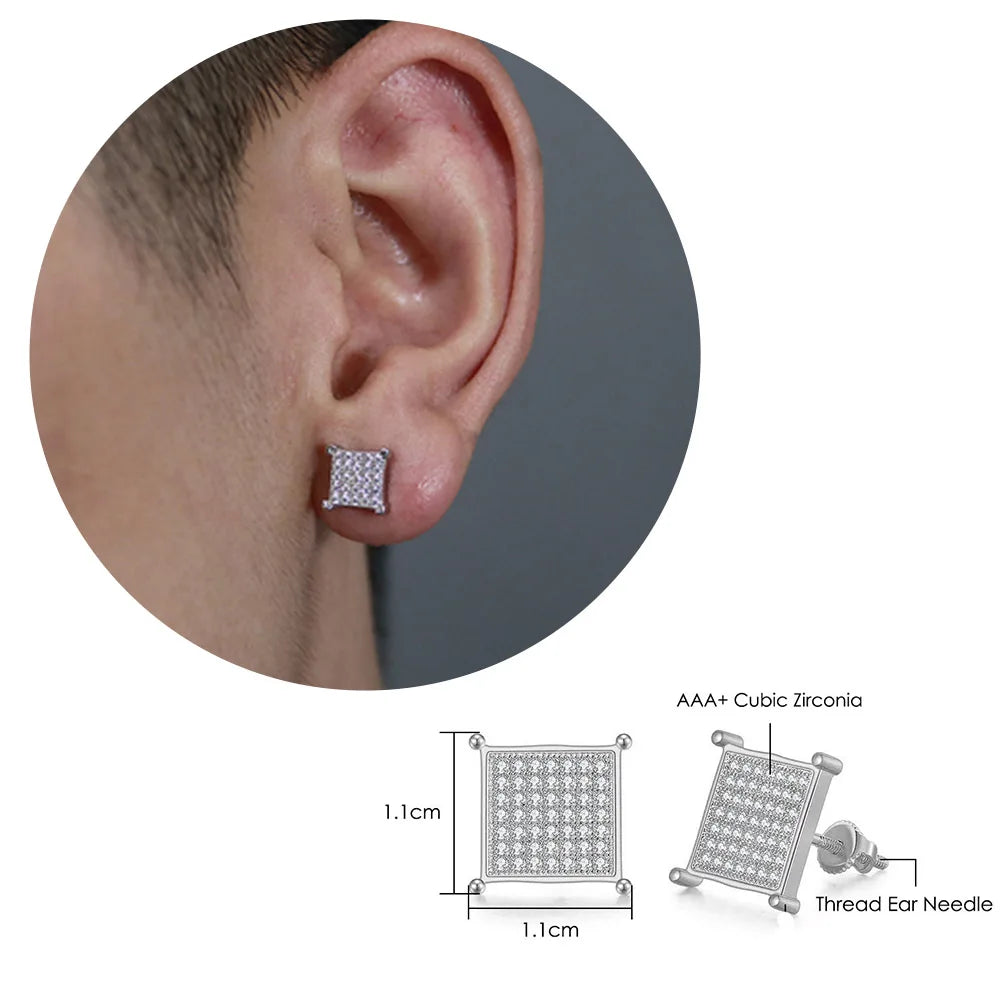Hip Hop Ice Studded Earrings For Men Male Trend Cubic Zirconia Piercing Hiphop Gold Color Square Earring Jewelry Accessories