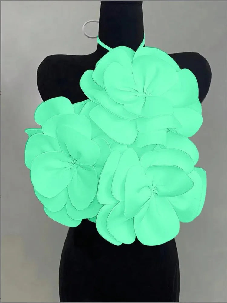 Joskaa 2025 Summer Women's 3D Flower Chic Tops Sexy Halter Lace-Up Backless Crop Camisole Vacation Party Club Beachwear S-XXL