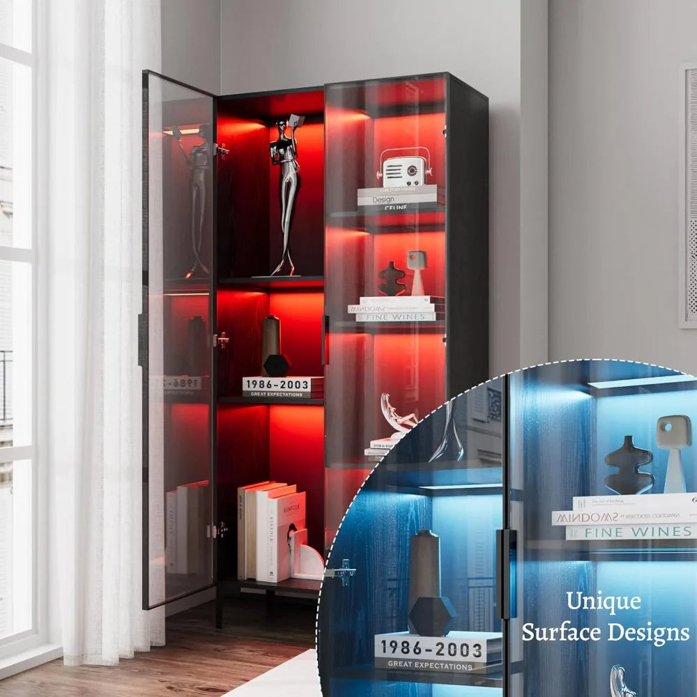 Glass Display Cabinet with Led Lights, Display Cabinet with Glass Doors with Shelves of Different Heights, Glass Curio Cabinet