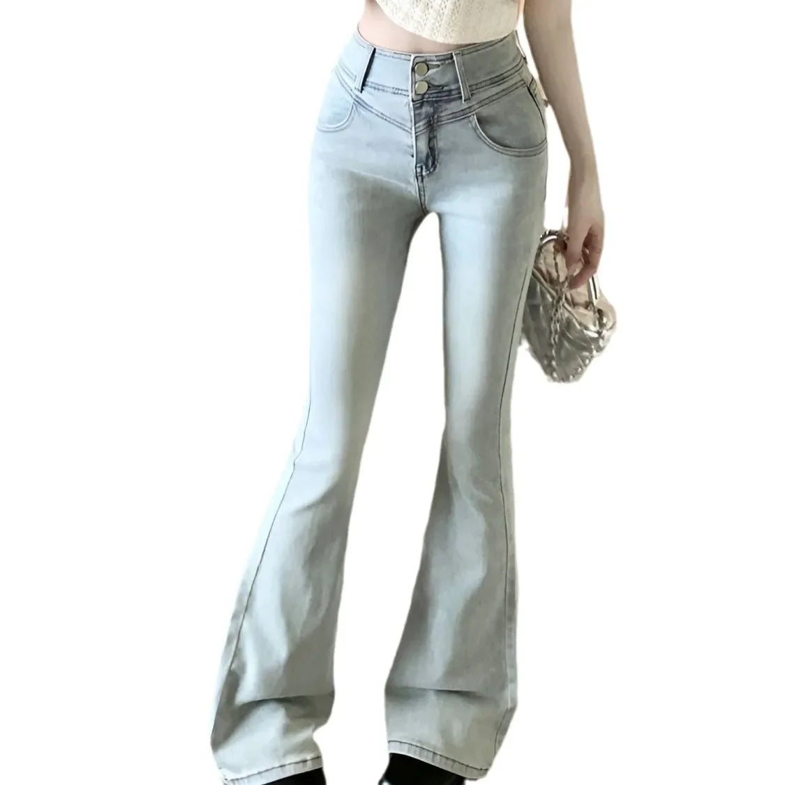 Spring Autumn Spicy Girl Bow Micro Flared Jeans Women's Petite High Waisted Slimming Elastic Horse Leggings Straight Leg Trouser