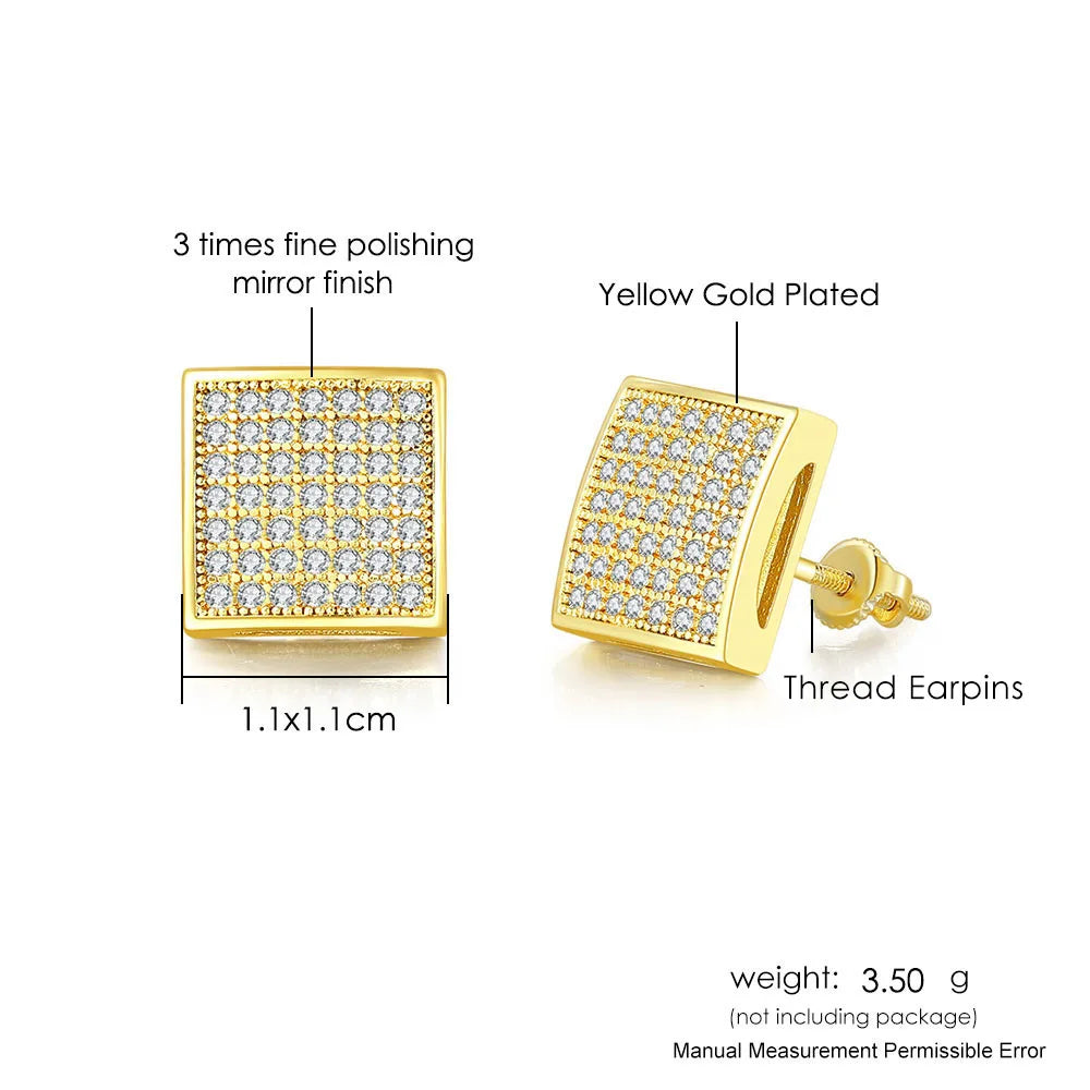 Hip Hop Ice Studded Earrings For Men Male Trend Cubic Zirconia Piercing Hiphop Gold Color Square Earring Jewelry Accessories