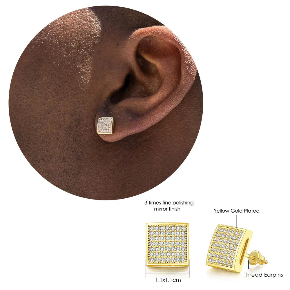 Hip Hop Ice Studded Earrings For Men Male Trend Cubic Zirconia Piercing Hiphop Gold Color Square Earring Jewelry Accessories