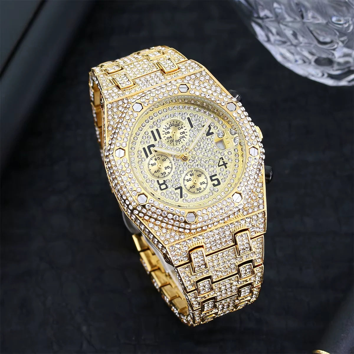 Bubble Letter Bust Down Date Chronograph Man Iced Out Watch Relogio Masculio