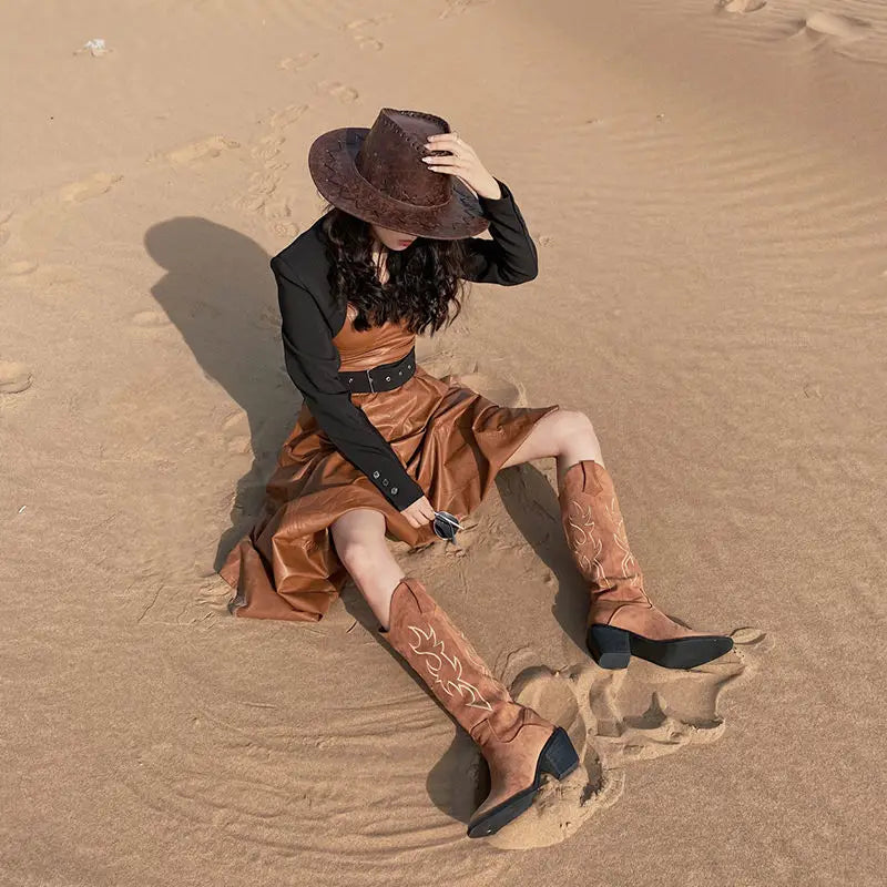 Shoes for Woman Western Cowgirl Cowboy Fur Footwear Long Denim Women's Boots Punk Winter Knee High Shaft White Hot Gothic Boot