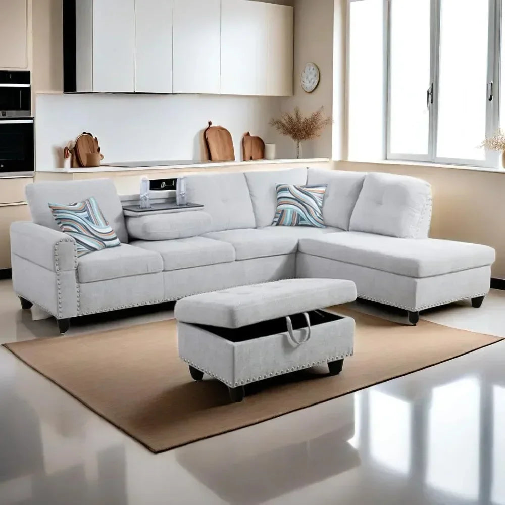 L Shaped Sectional Couch with Storage Ottoman, Modern Nailhead Lounge Sofa with Reversible Cup Holder & Chaise, 97"4 Seat Sofá