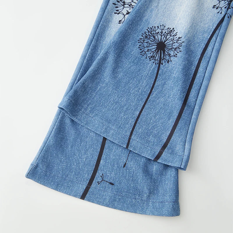 Puloru Stylish Floral Print Blue Flared Pants with Pockets Women's Mid-Rise Casual Slim Fit Bell-Bottoms Long Trousers Plus Size