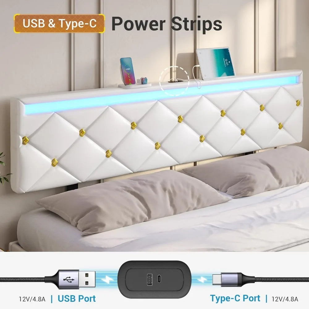 Floating Bed Frame King Size with LED Lights and Charging Station, Modern King Platform Bed with Vegan Leather Upholstered
