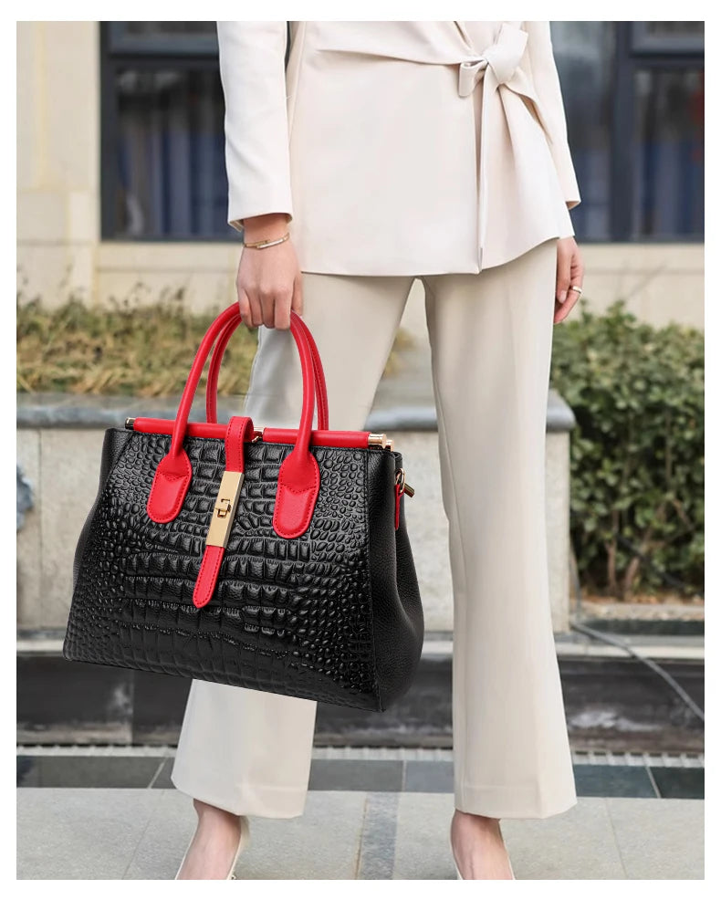 New Crocodile Pattern Women's Handbag Fashionable and Trendy Large Capacity Luxury Cowhide Commuter Shoulder Bag