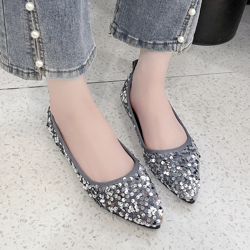 New pointed head shallow mouth one pedal sequined women's single shoes casual Korean version ladyshoes commuter style