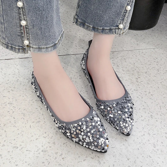 New pointed head shallow mouth one pedal sequined women's single shoes casual Korean version ladyshoes commuter style