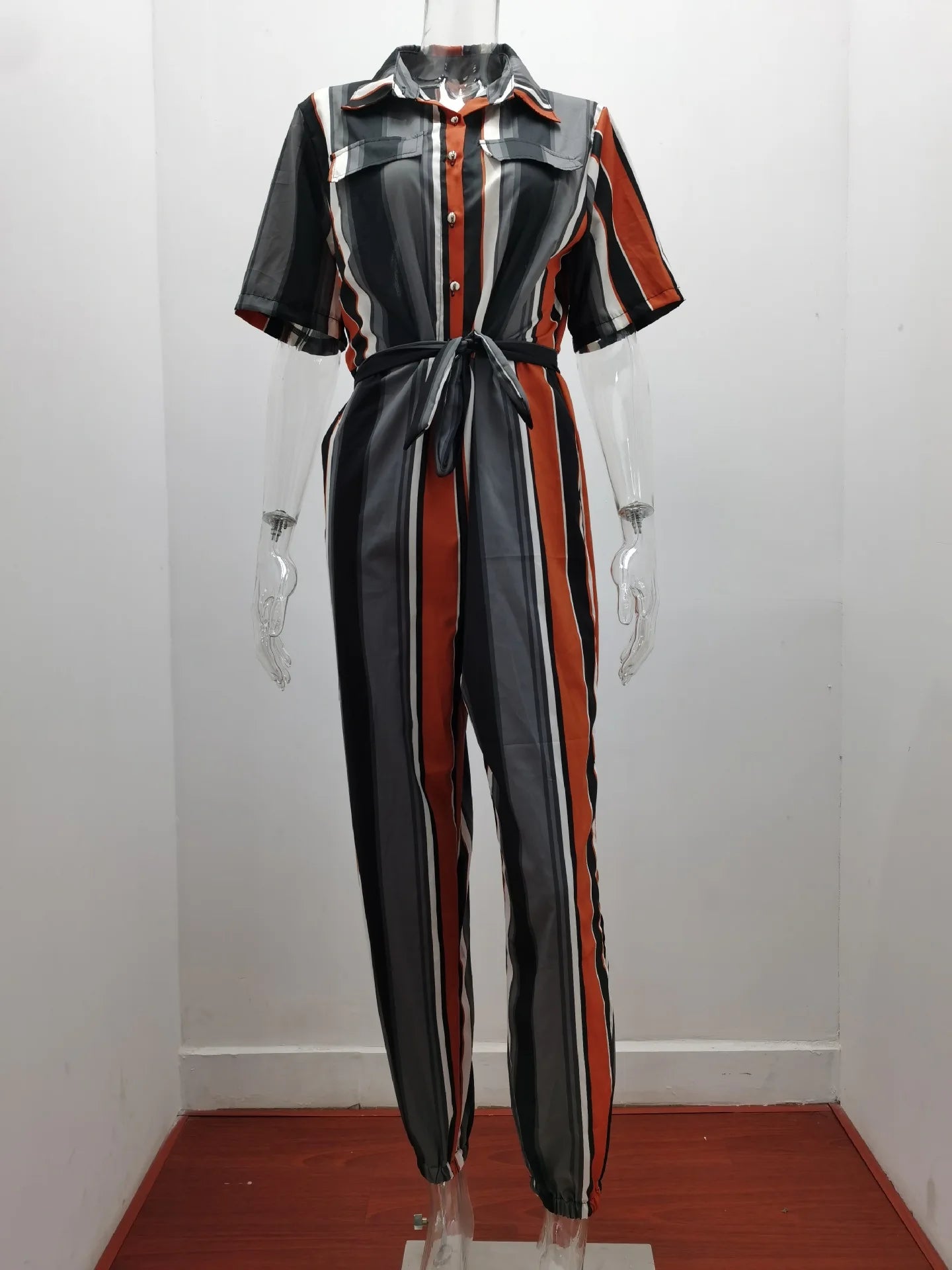 Women's Monochromatic Belt Workwear Jumpsuit, Casual Pants, Flip Collar, Buckle, European and American, Summer, 2024