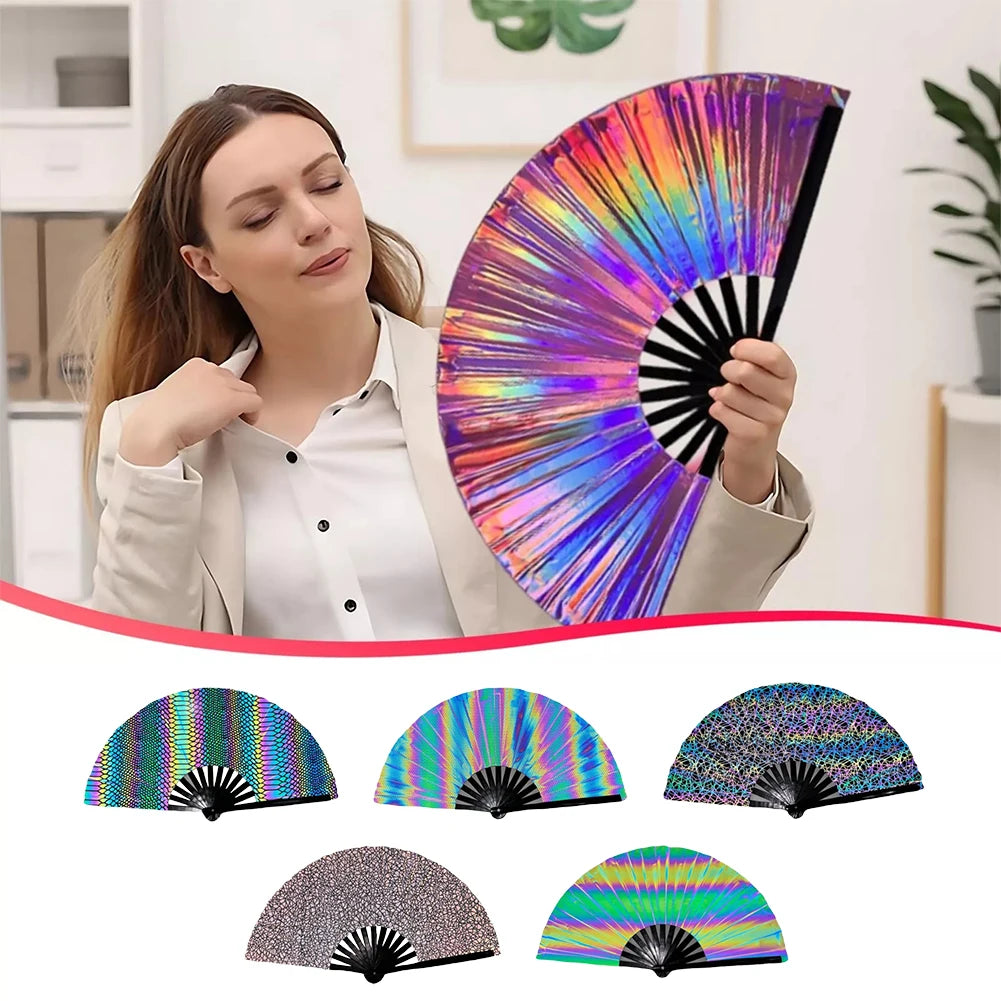New Foldable Bamboo Fan 33cm Lightweight Holding Laser Colors Hand Fan Portable PVC Clack Clapping Fans for Line Dancing