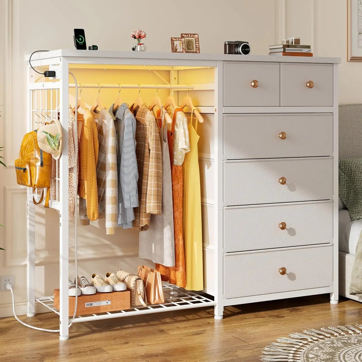 49.2" W White Dresser for Bedroom with Hanging Rack,6 Drawer Dresser with LED Lights & Charging Station, Fabric Dressers