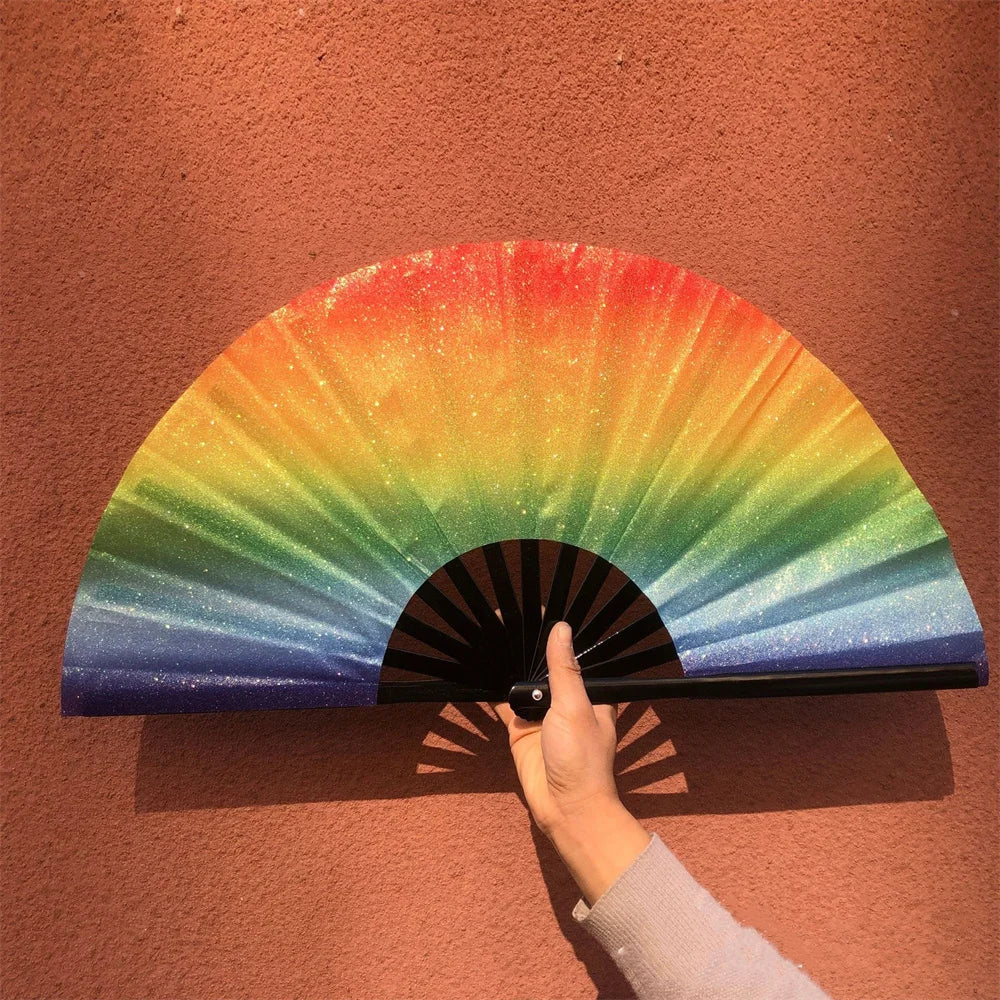 New Sparkling Folding Fan Bright Color Rainbow Starry Sky In The Dark Festival Performance Hand Fans Women Girl Party Dance Fan