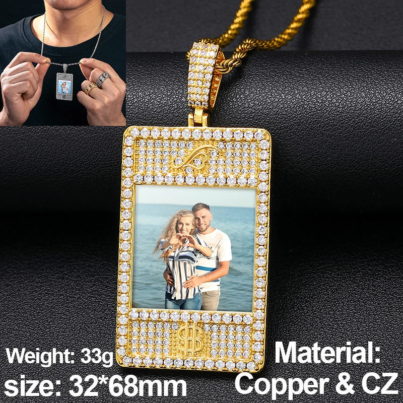 New Custom Photo Memory Medallions Pendant Necklace Round Heart Rectangle Triangle Hip Hop Jewelry Personalized Cubic Zircon