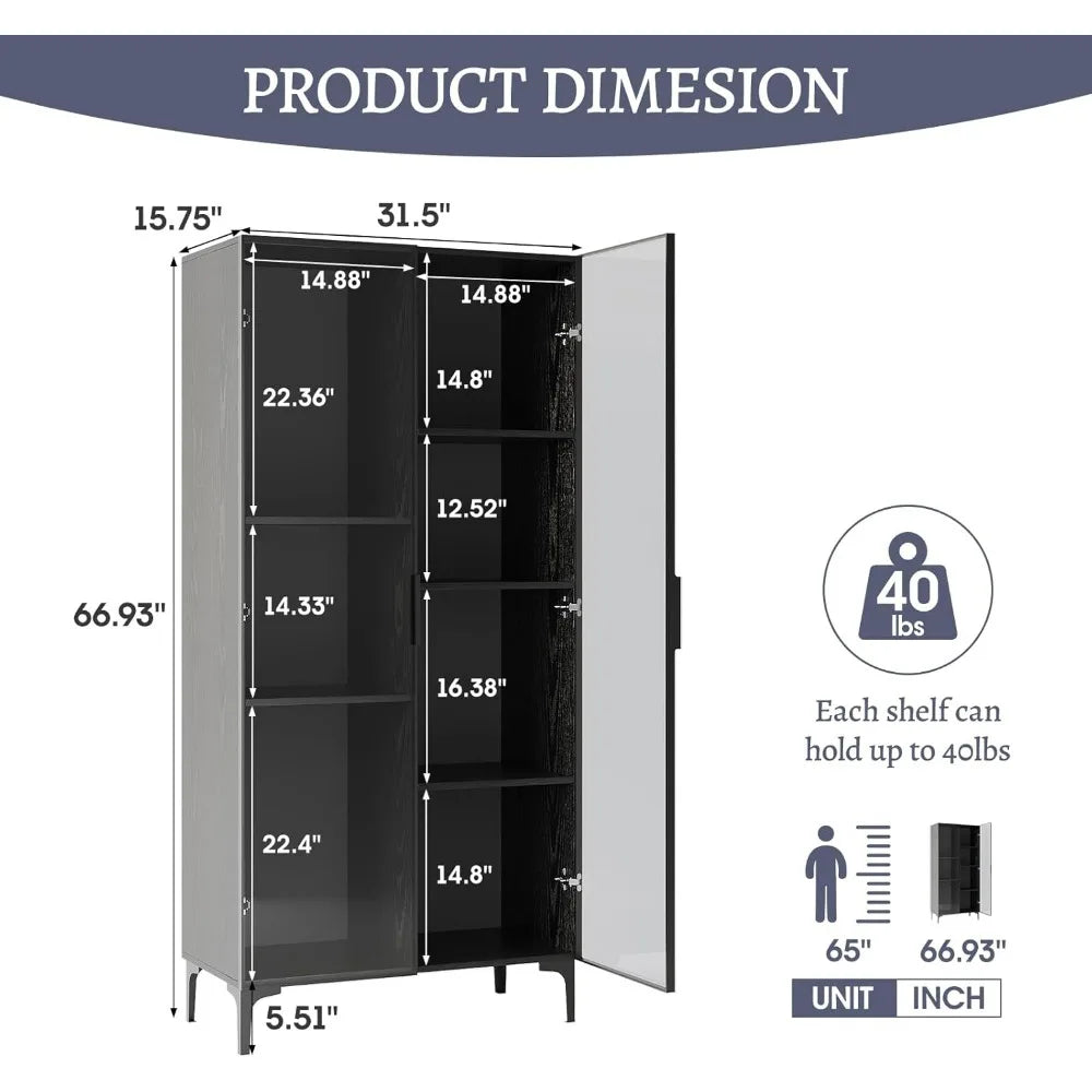 Glass Display Cabinet with Led Lights, Display Cabinet with Glass Doors with Shelves of Different Heights, Glass Curio Cabinet