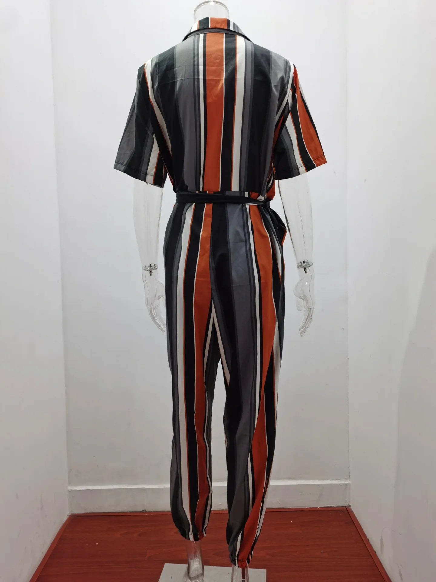 Women's Monochromatic Belt Workwear Jumpsuit, Casual Pants, Flip Collar, Buckle, European and American, Summer, 2024