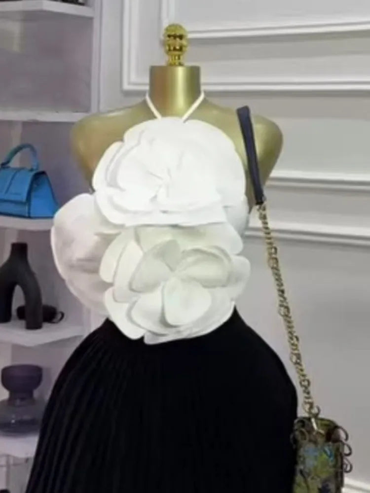 Joskaa 2025 Summer Women's 3D Flower Chic Tops Sexy Halter Lace-Up Backless Crop Camisole Vacation Party Club Beachwear S-XXL