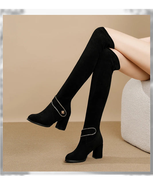 Over Knee Boots Women's Stretch Cloth Coarse Heel Skinny Fleece Long Tube Internet celebrity Skinny Comfortable Women's Boots