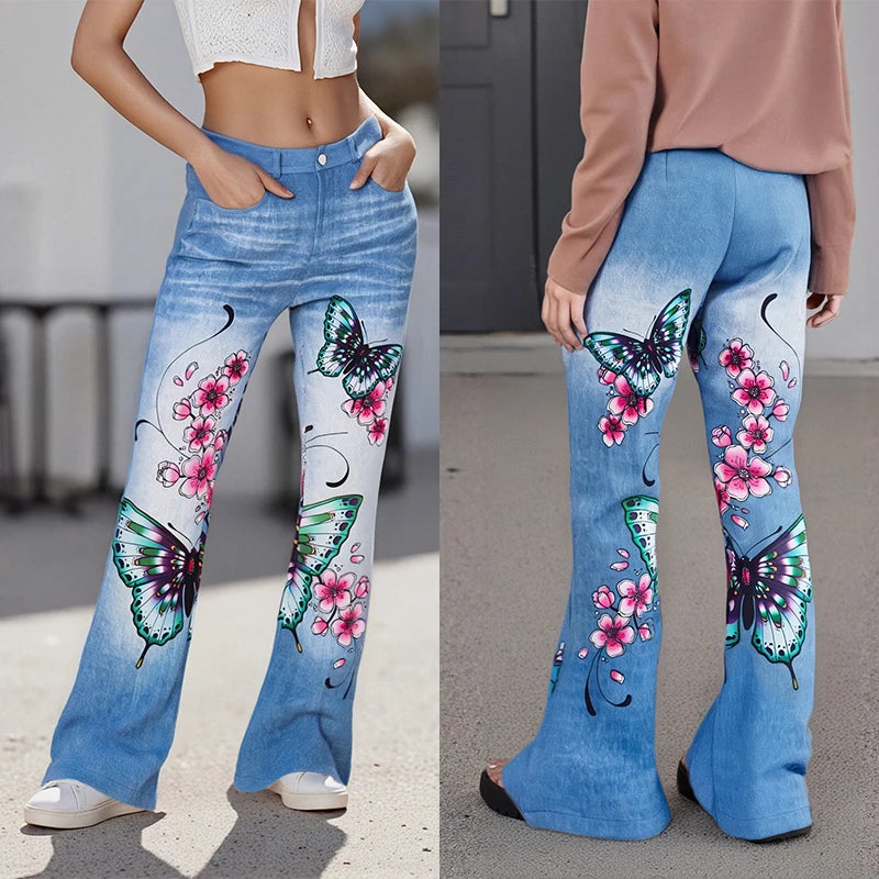 Puloru Stylish Floral Print Blue Flared Pants with Pockets Women's Mid-Rise Casual Slim Fit Bell-Bottoms Long Trousers Plus Size
