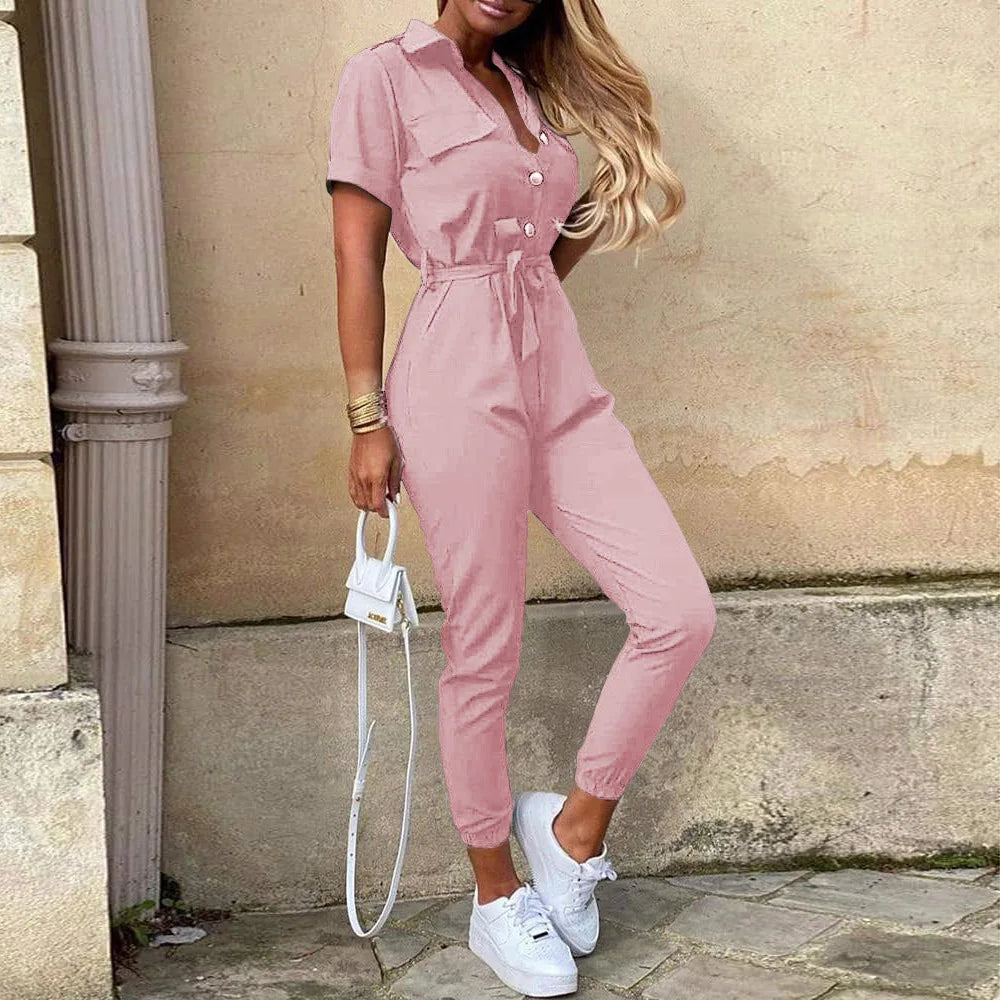 Women's Monochromatic Belt Workwear Jumpsuit, Casual Pants, Flip Collar, Buckle, European and American, Summer, 2024