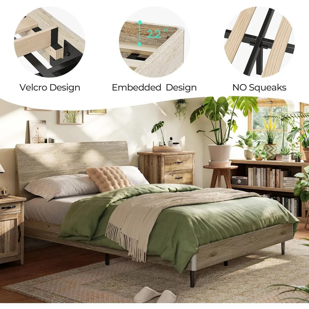 LINSY Full Size Wood Bed Frame with Ergonomic Headboard, RGB Lights, Outlets & Charger, Storage Shelf, Noise-Free, No Box
