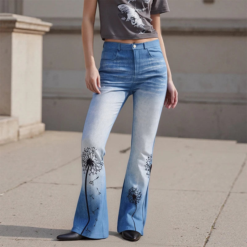 Puloru Stylish Floral Print Blue Flared Pants with Pockets Women's Mid-Rise Casual Slim Fit Bell-Bottoms Long Trousers Plus Size