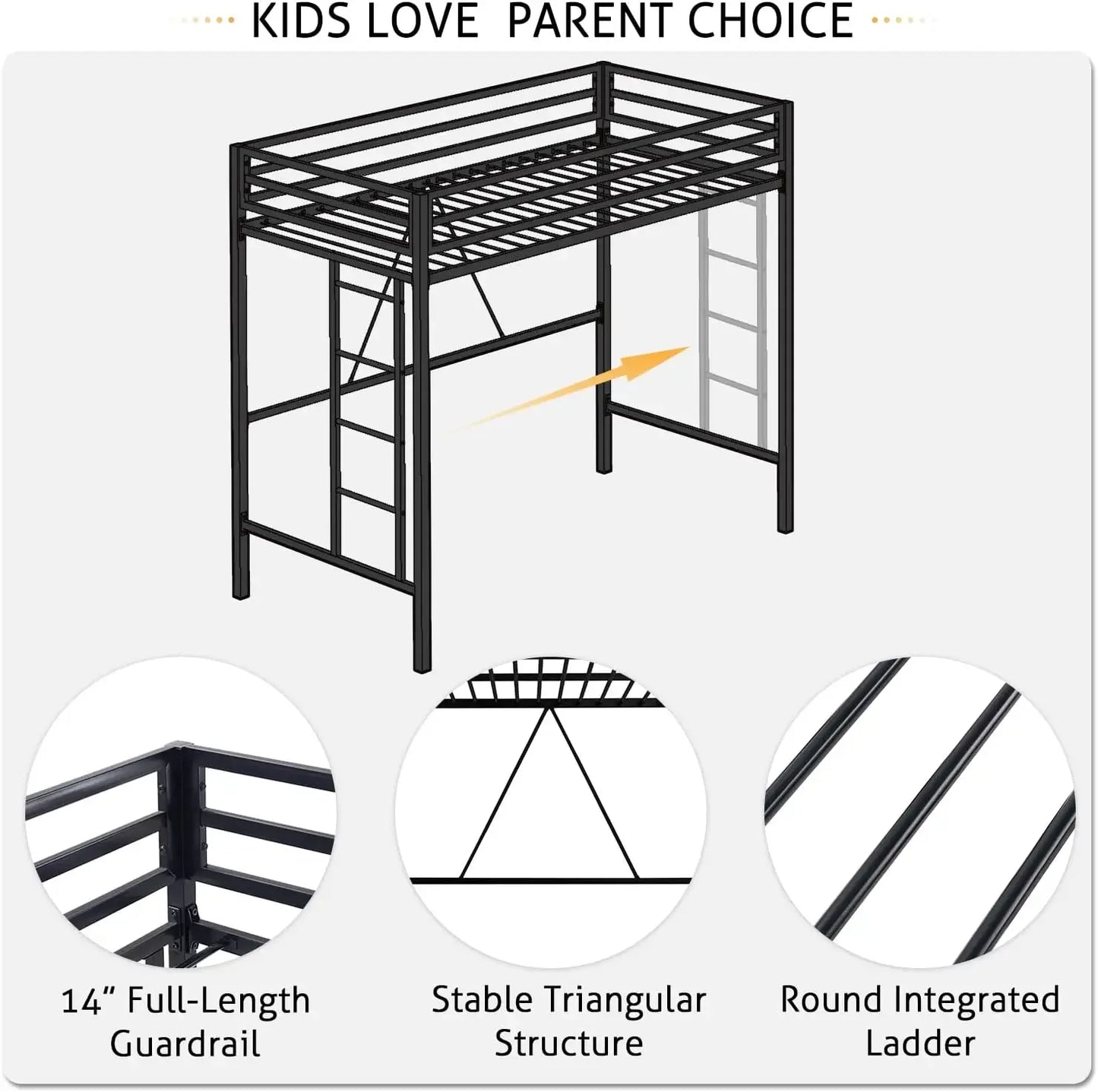 Junior Loft Bed Twin Size, Heavy Duty Twin Bed Frame with Full-Length Guardrail & Removable Stairs, Noise-Free, Space-Saving,