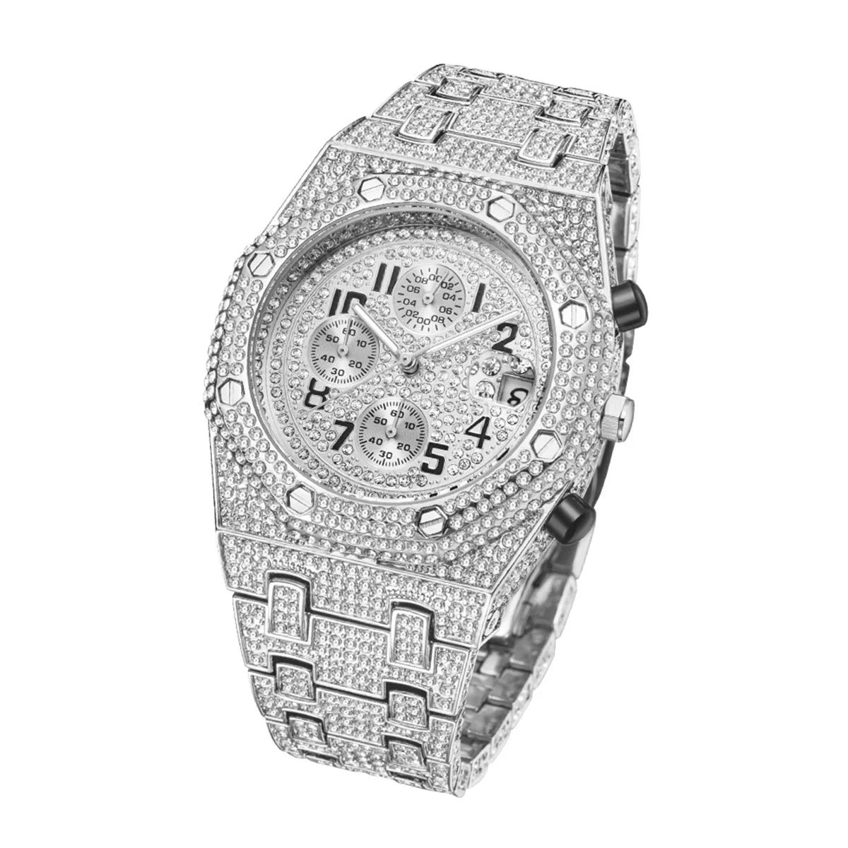 Bubble Letter Bust Down Date Chronograph Man Iced Out Watch Relogio Masculio