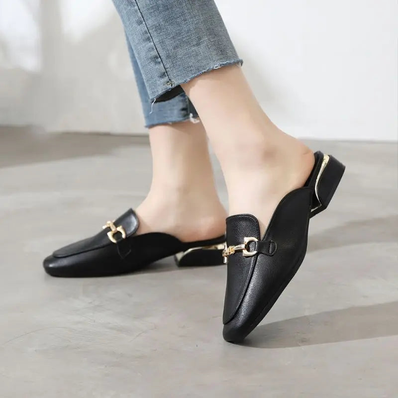 Black Job Low Heel Outside Leather Mules Nude Color Women's Slippers and Ladies Sandals Slides Shoes Small Size on Offer Trend F