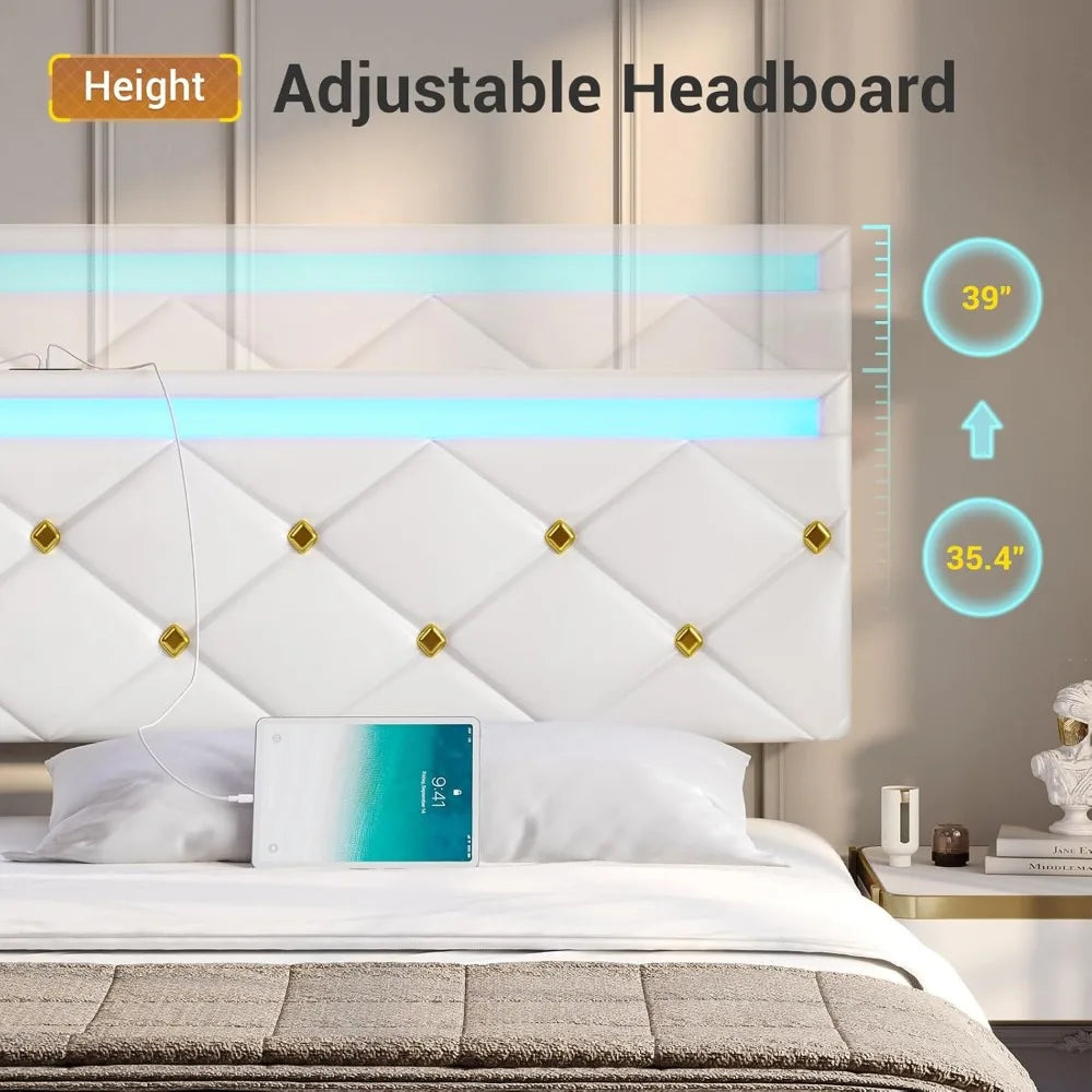 Floating Bed Frame King Size with LED Lights and Charging Station, Modern King Platform Bed with Vegan Leather Upholstered
