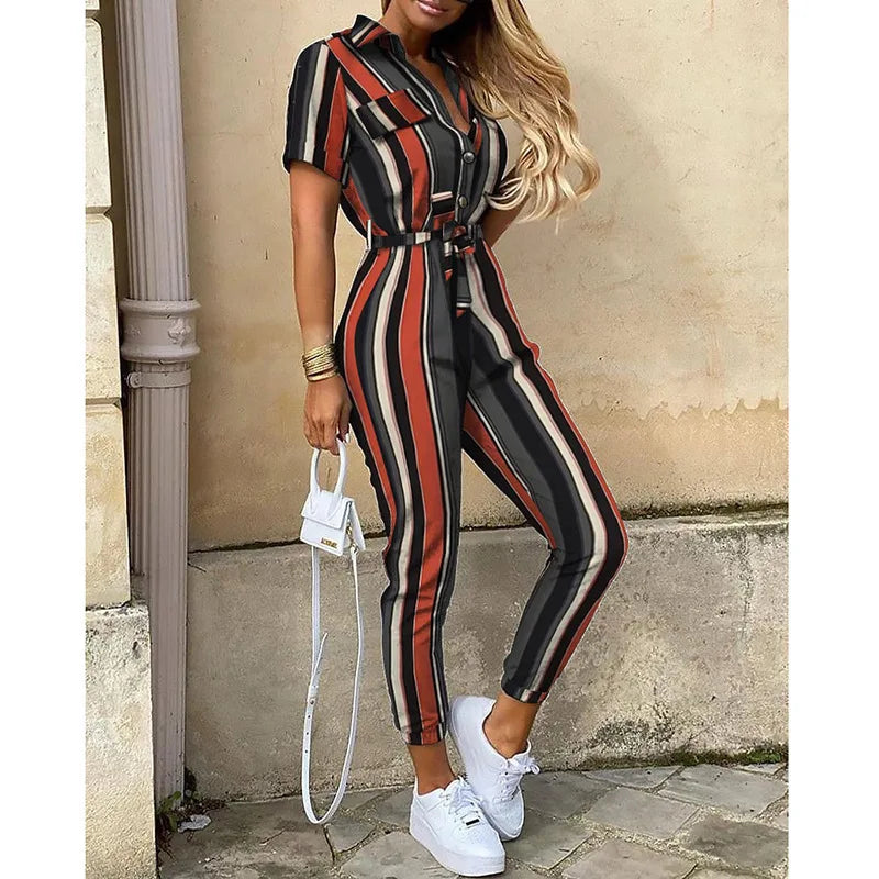 Women's Monochromatic Belt Workwear Jumpsuit, Casual Pants, Flip Collar, Buckle, European and American, Summer, 2024