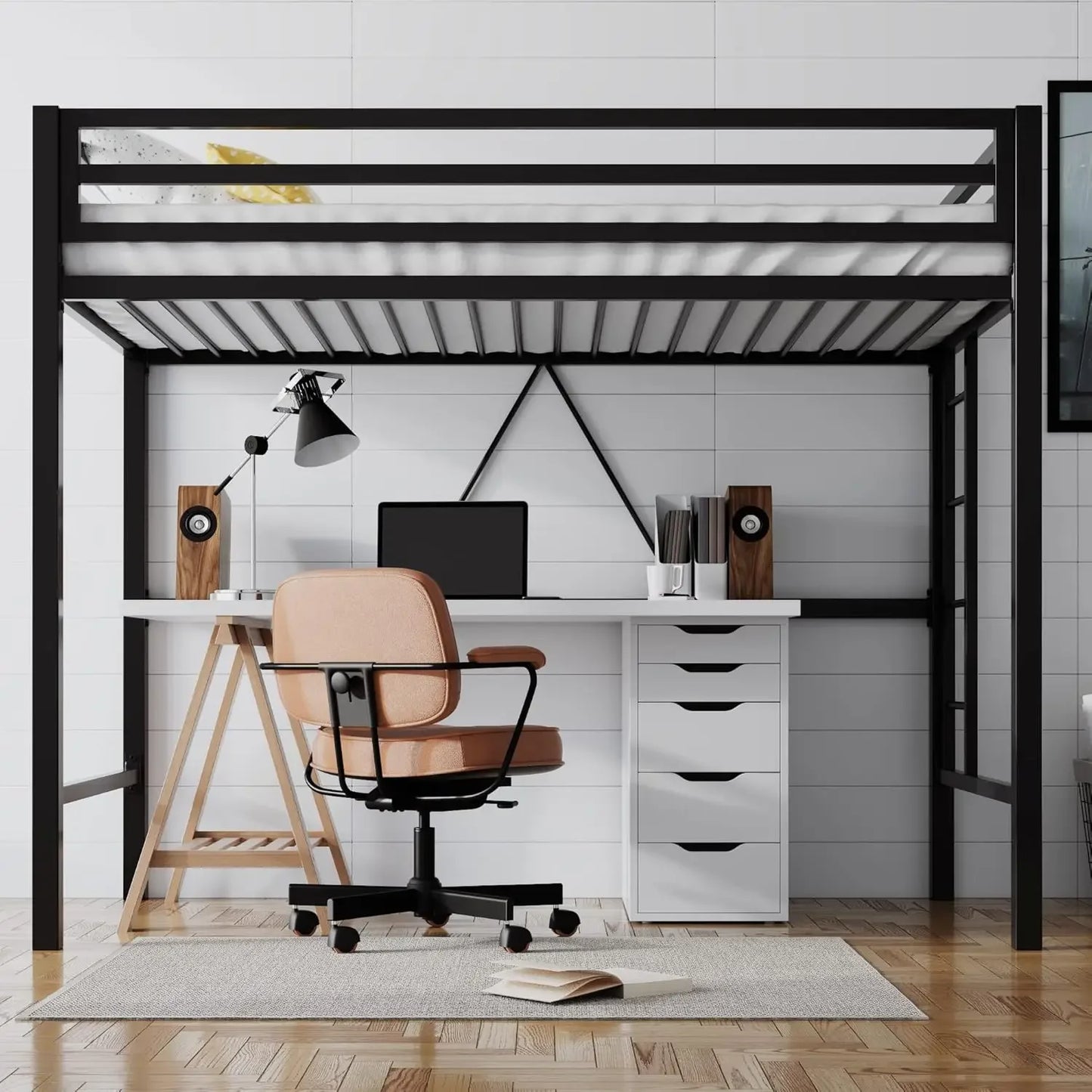 Junior Loft Bed Twin Size, Heavy Duty Twin Bed Frame with Full-Length Guardrail & Removable Stairs, Noise-Free, Space-Saving,
