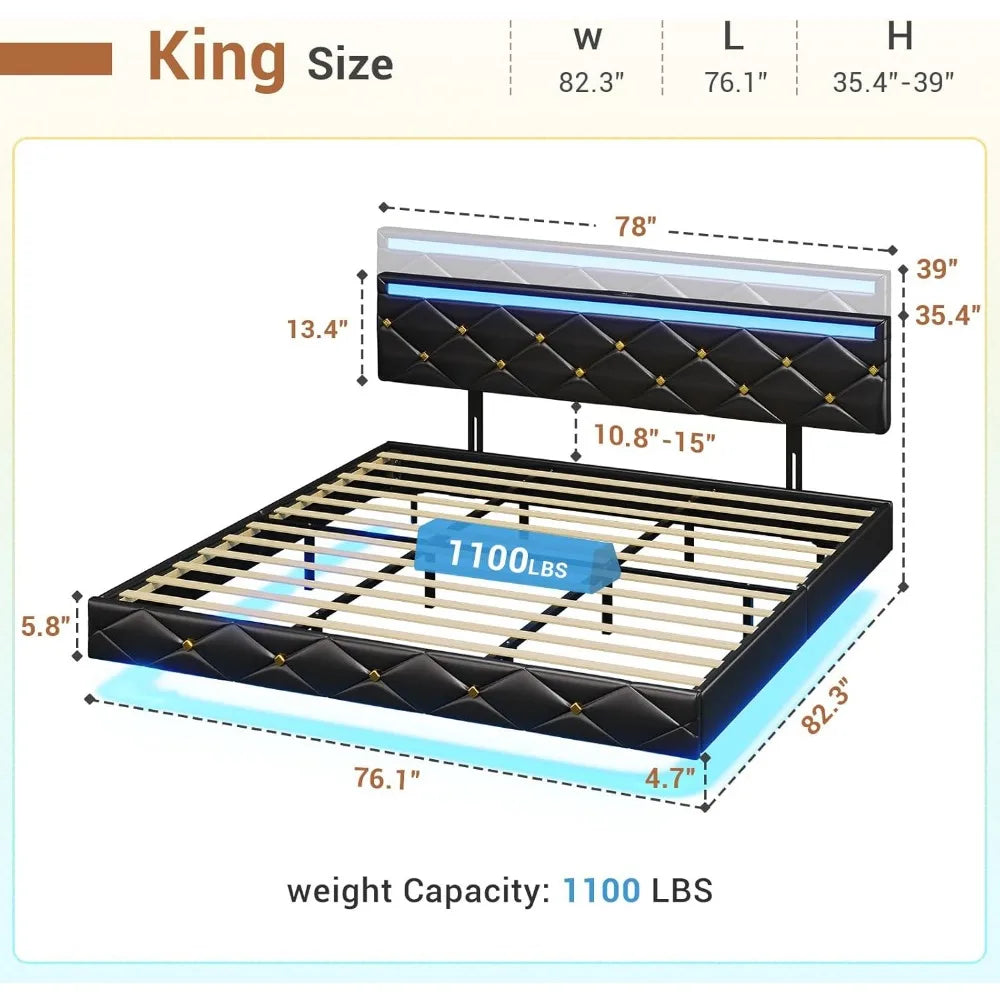 Floating Bed Frame King Size with LED Lights and Charging Station, Modern King Platform Bed with Vegan Leather Upholstered