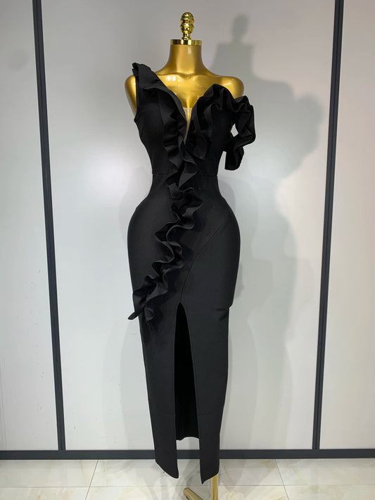 Women Sexy Backless Ruffles Bodycon Split Bandage Dress 2025 Celebrity Elegant Evening Party Luxury Birthday Dresses