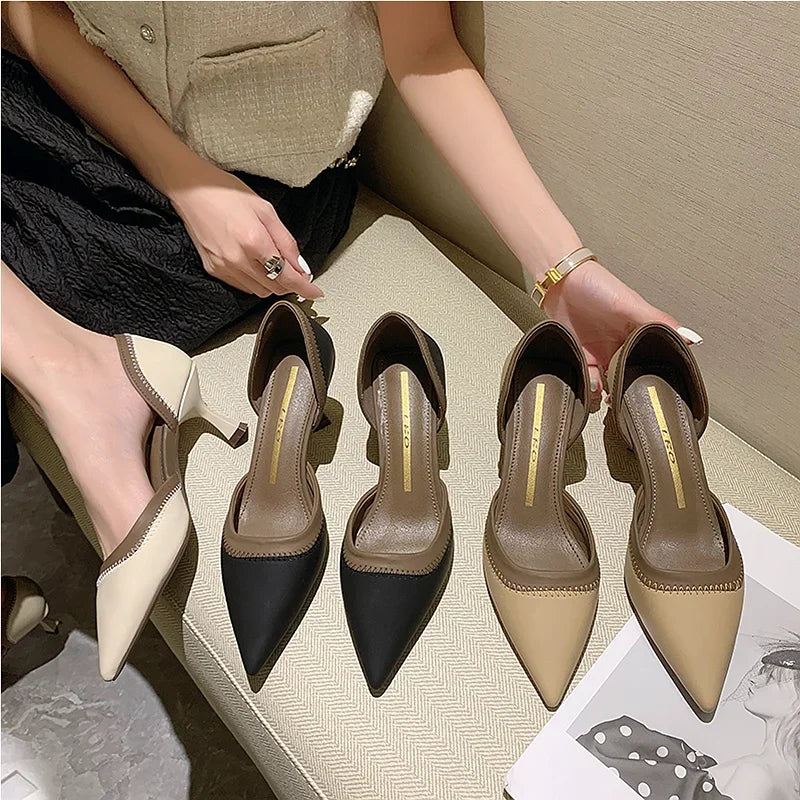 High Heels Medium Summer 2024 Pointed Toe Footwear Sandals for Women Ladies Shoes Thin Office Work Vintage Daily Casual on Offer