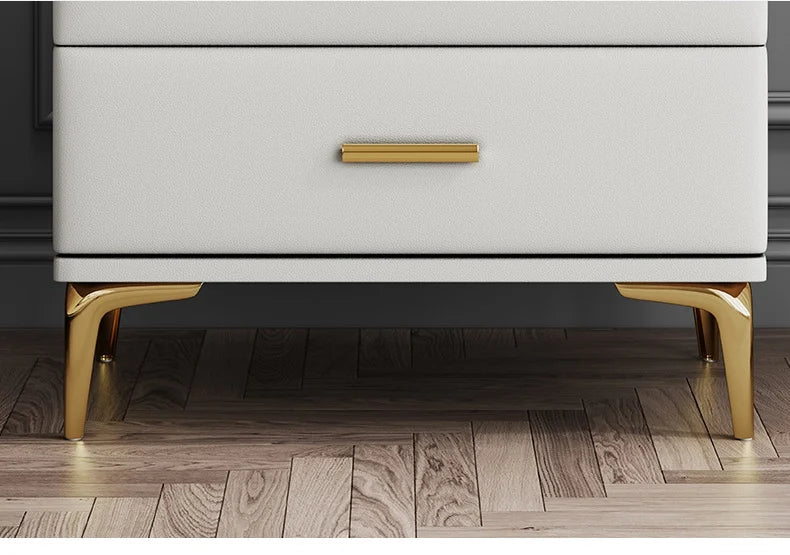 Modern Style Solid Wood Bedside Table with 2 Drawers Leather Bedroom Nightstands with Sintered Stone Top Mini Storage Cabinet