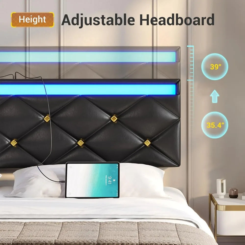 Floating Bed Frame King Size with LED Lights and Charging Station, Modern King Platform Bed with Vegan Leather Upholstered