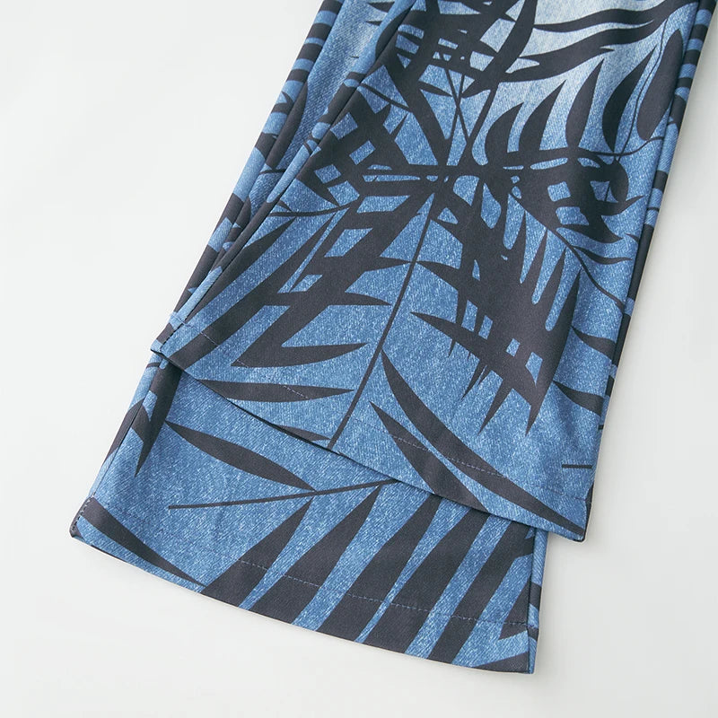 Puloru Stylish Floral Print Blue Flared Pants with Pockets Women's Mid-Rise Casual Slim Fit Bell-Bottoms Long Trousers Plus Size