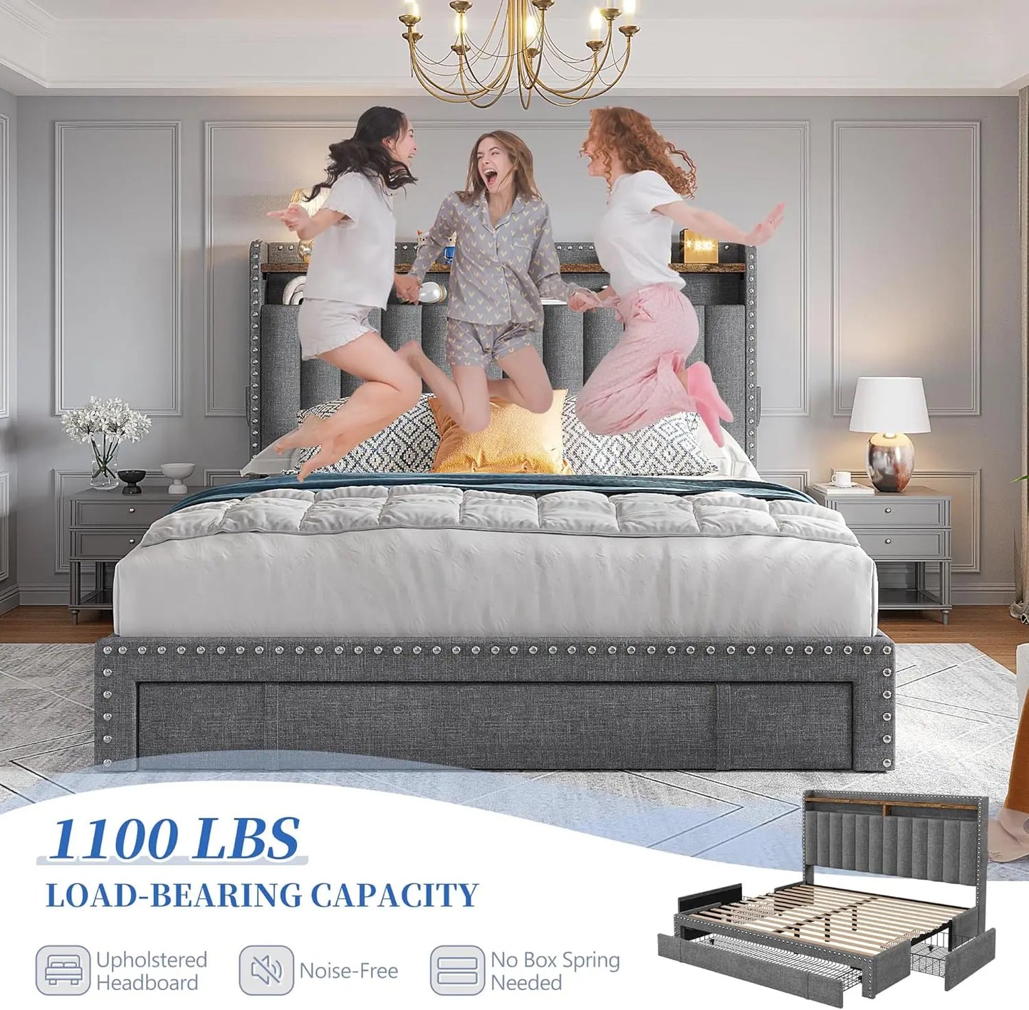 Queen Bed Frame with 3 Drawers Upholstered Bed Frame  Size with Headboard,Size  Frame,  Frame with