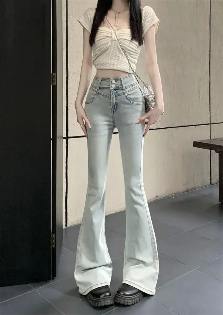 Spring Autumn Spicy Girl Bow Micro Flared Jeans Women's Petite High Waisted Slimming Elastic Horse Leggings Straight Leg Trouser