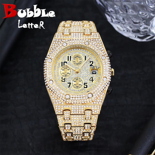 Bubble Letter Bust Down Date Chronograph Man Iced Out Watch Relogio Masculio