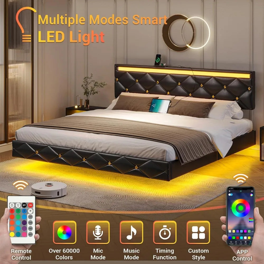 Floating Bed Frame King Size with LED Lights and Charging Station, Modern King Platform Bed with Vegan Leather Upholstered