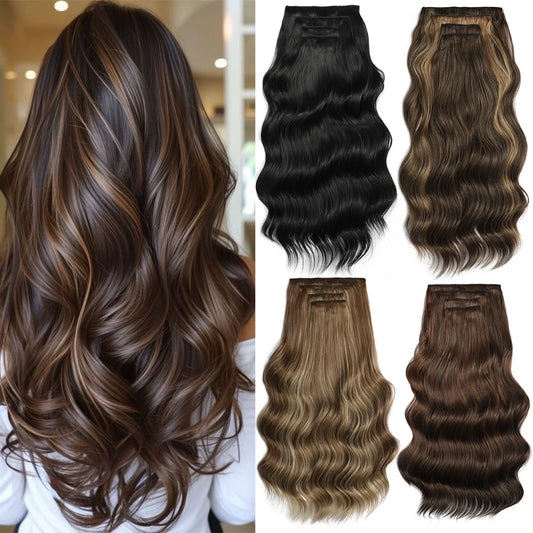4PCS Clip in Hair Extensions Synthetic 22Inch Long Spiral Wavy Curl Natural Thick Hairpieces for Women Light Brown