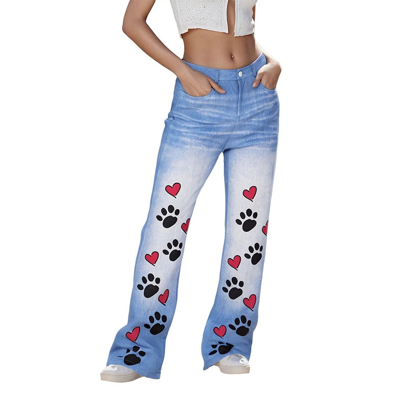 Puloru Stylish Floral Print Blue Flared Pants with Pockets Women's Mid-Rise Casual Slim Fit Bell-Bottoms Long Trousers Plus Size