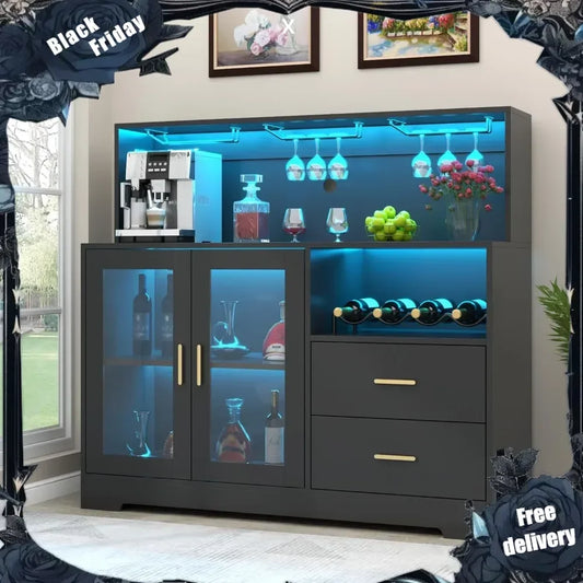 Wine Bar Cabinet with LED Light, Home Coffee Cabinet with Wine and Glass Rack, Kitchen Buffet Sideboard