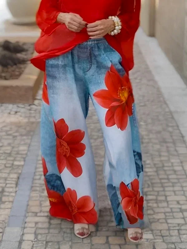 Krisstargirl Summer Women's Urban Flower Printed Pants 2025 New Loose Casual Hight Waist Wide Leg Trousers Bottoms for Woman