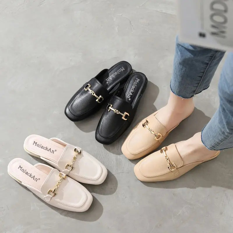 Black Job Low Heel Outside Leather Mules Nude Color Women's Slippers and Ladies Sandals Slides Shoes Small Size on Offer Trend F