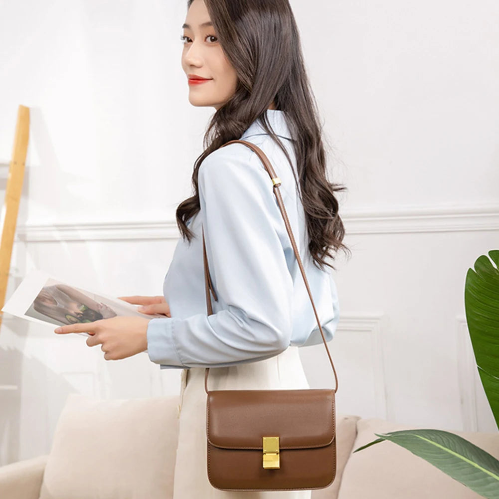 Leather Shoulder Bag for Women Small Square Bag Metal Lock Fashion Messenger Bag Luxury Designer Handbag Casual Commuting Bag
